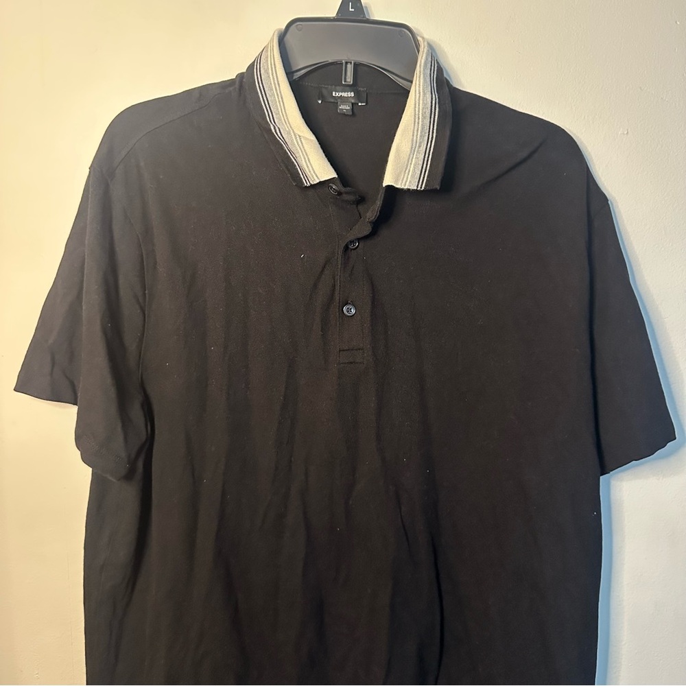 Express Men’s XL Black Tipped Luxe Pique Polo Shirt W/ Striped Accents